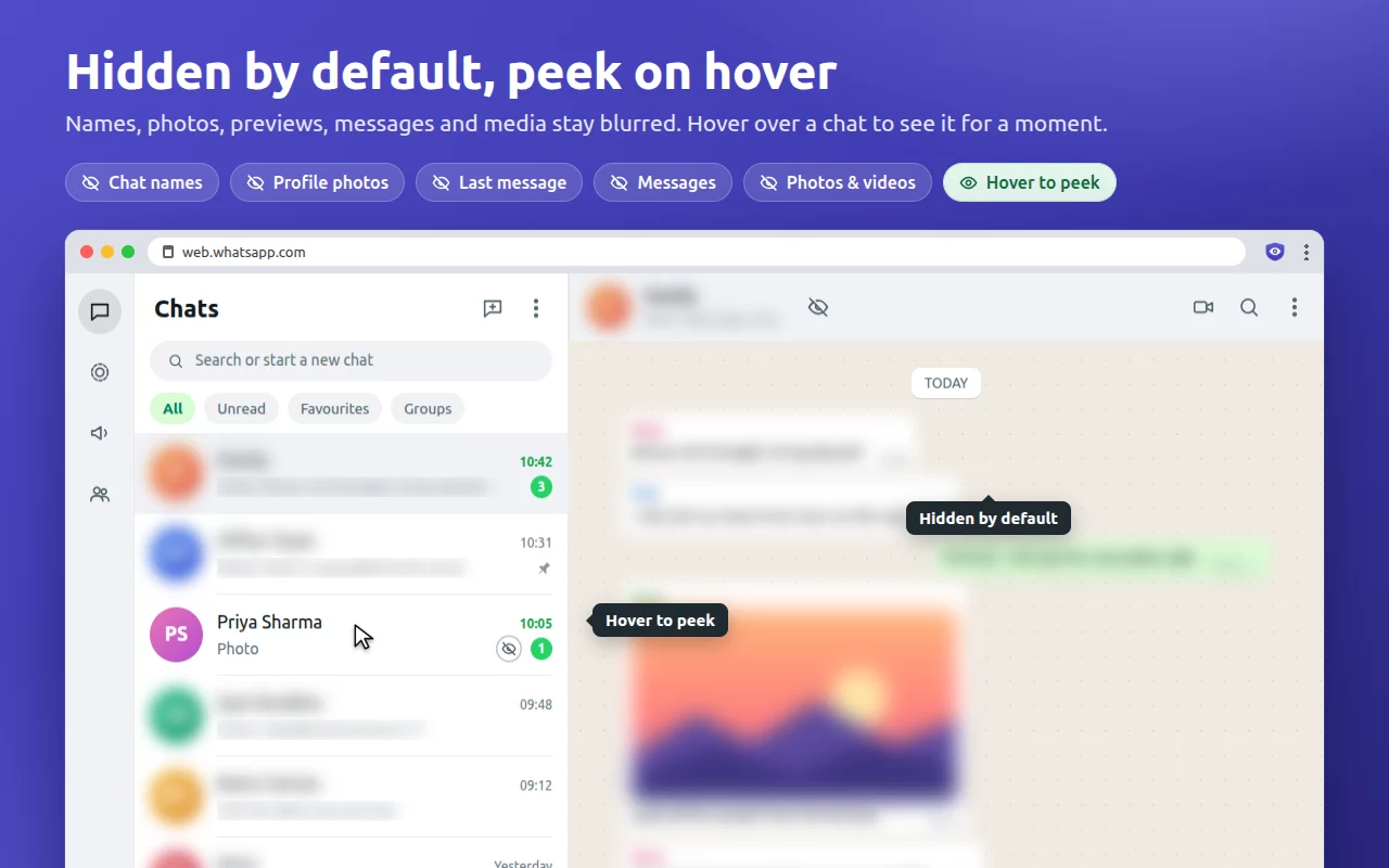 WhatsApp Web with every chat name, photo and message blurred; hovering over one chat reveals it.