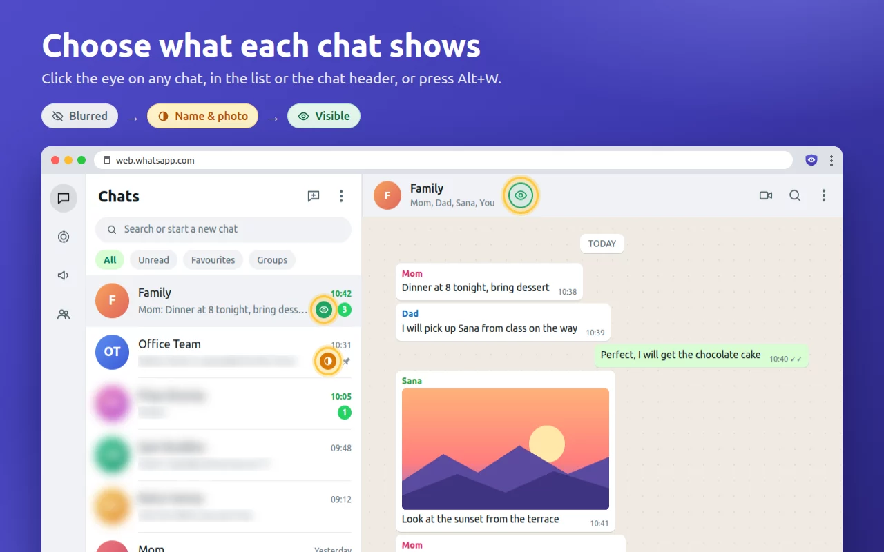 Eye buttons on chat list rows and in the chat header.