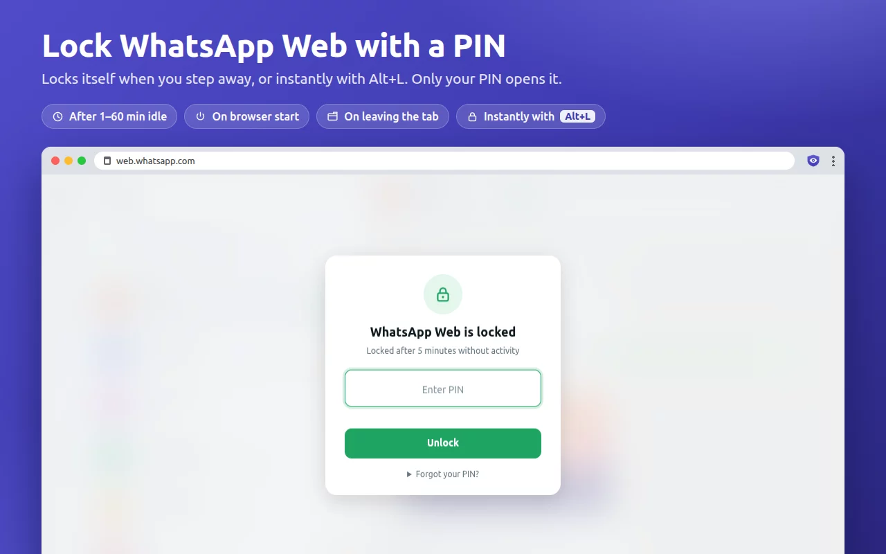 WhatsApp Web blurred behind a PIN lock screen.